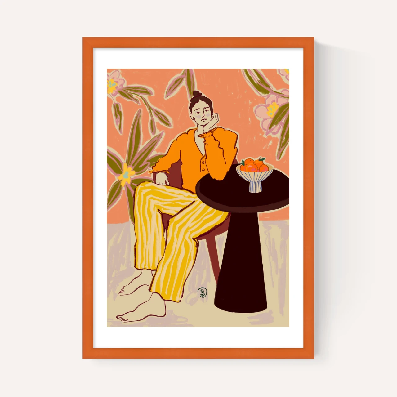 woman with oranges art print by sandra poliakov in orange frame