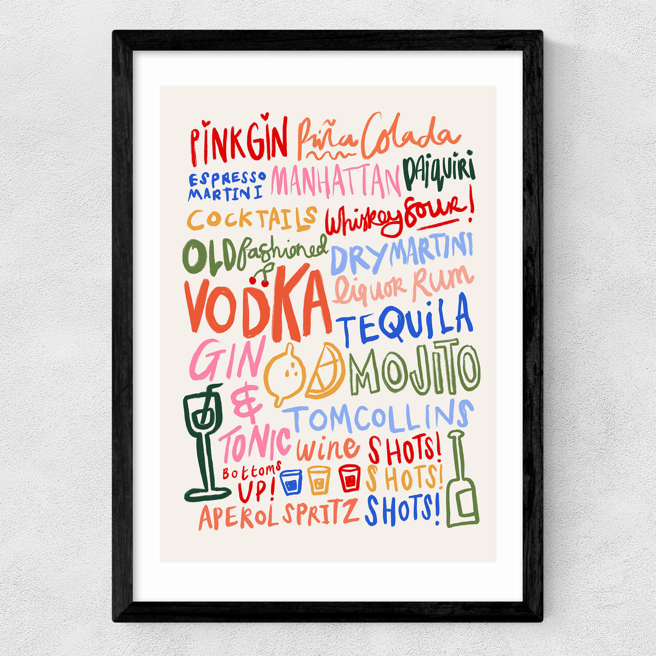 colourful cocktails art print by simplyextrajordanary in black frame