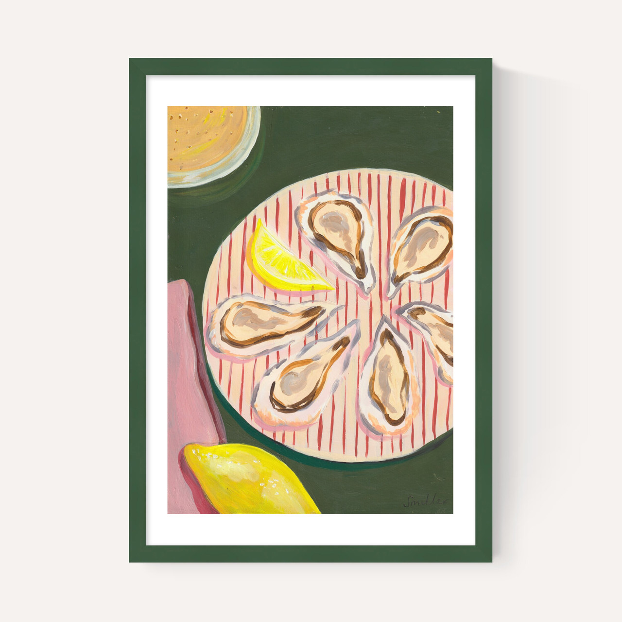 half a dozen oysters art print by susie miller in green frame