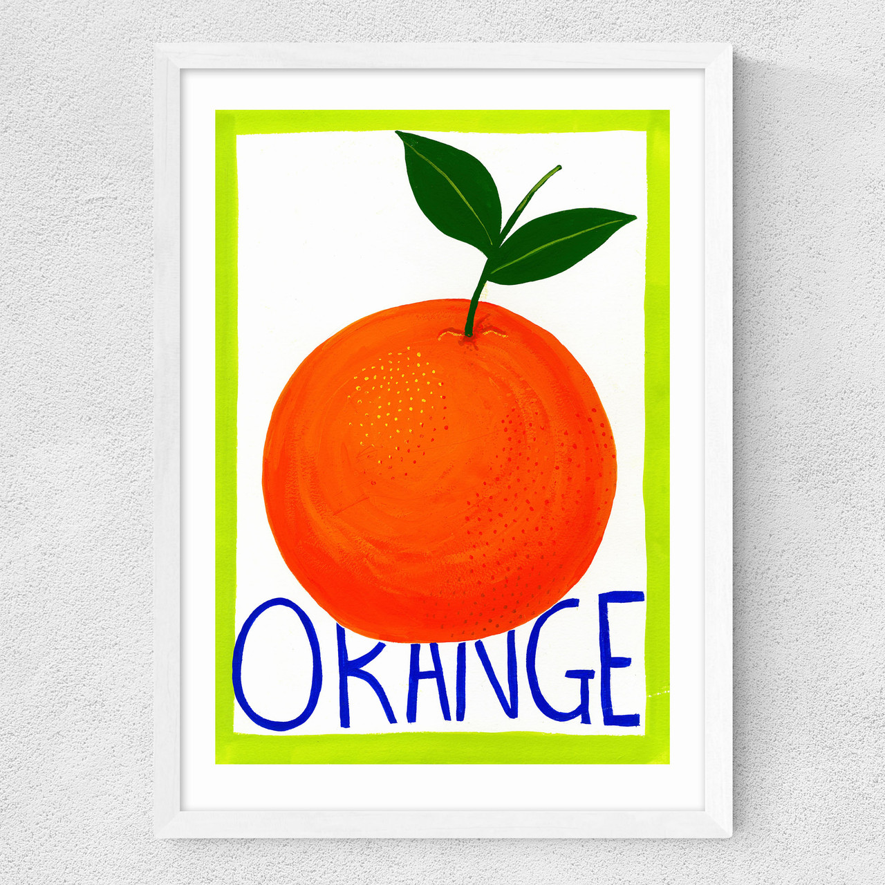 large orange art print by susie miller in white frame