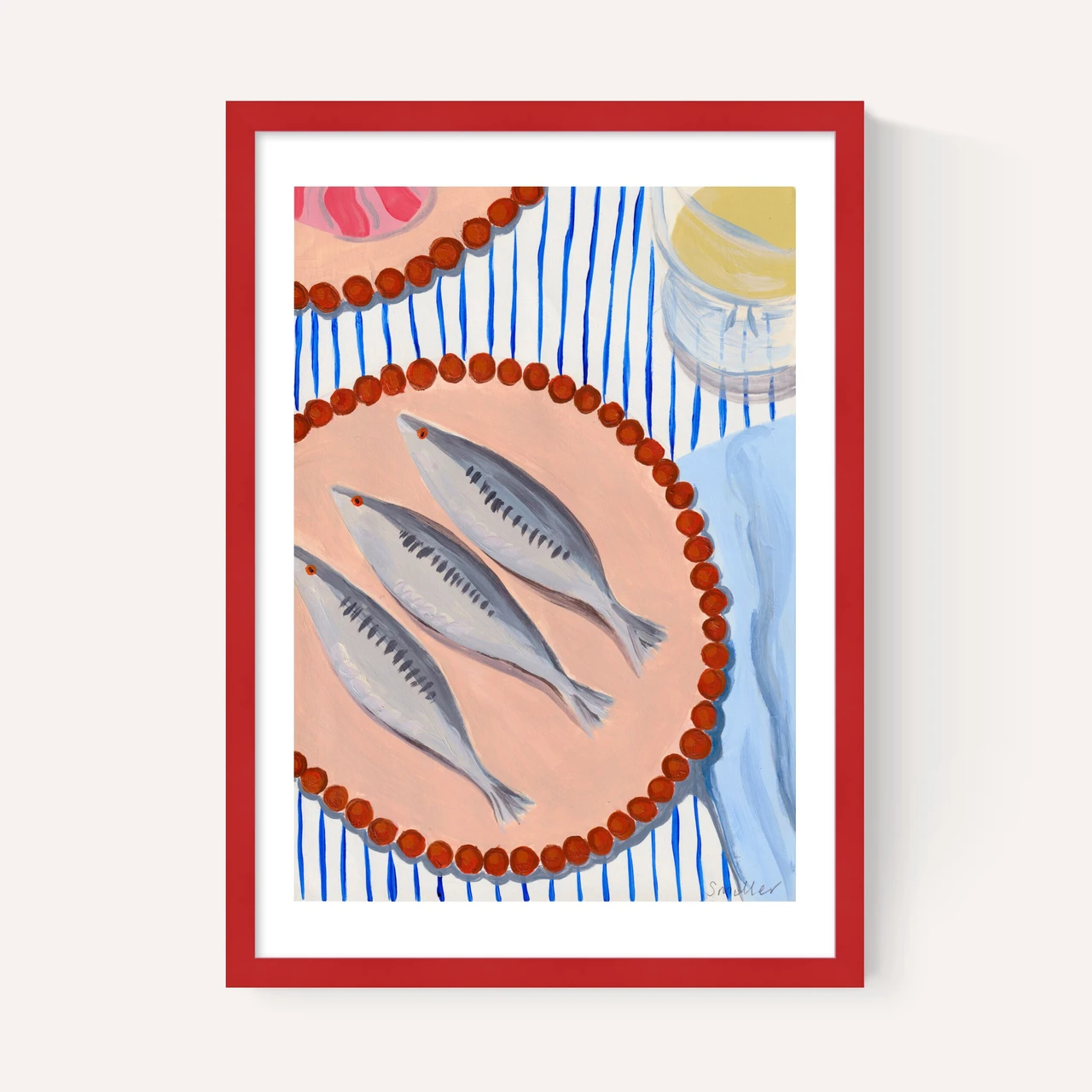 sardines supper art print by susie miller in red frame