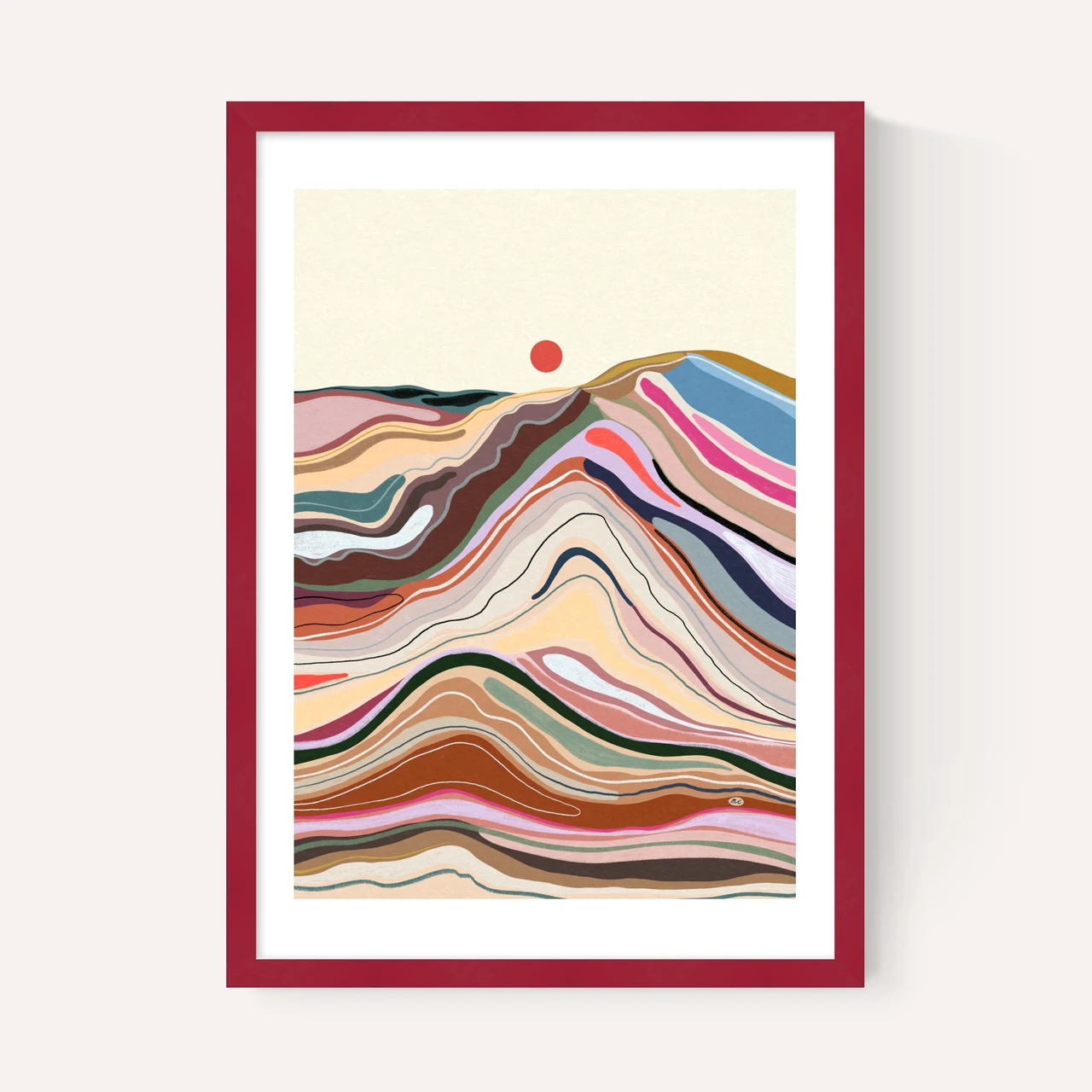 spring sun art print by marina ester castaldo in burgundy frame