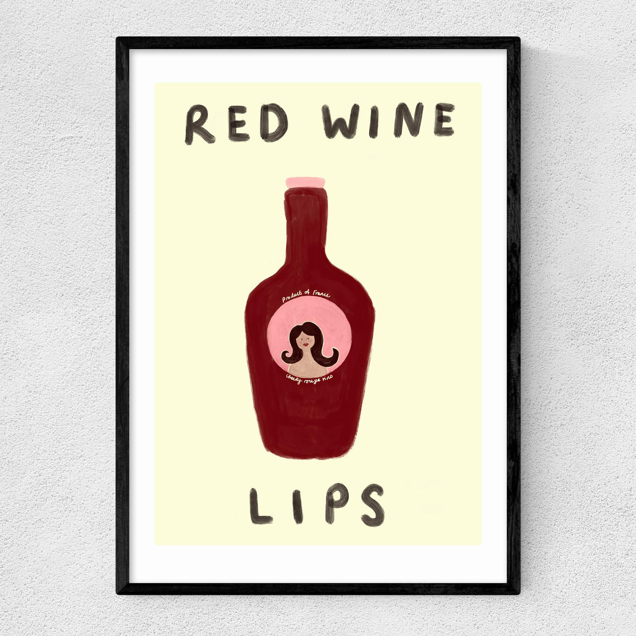 Red wine lips art print by she snacks and paints in black frame