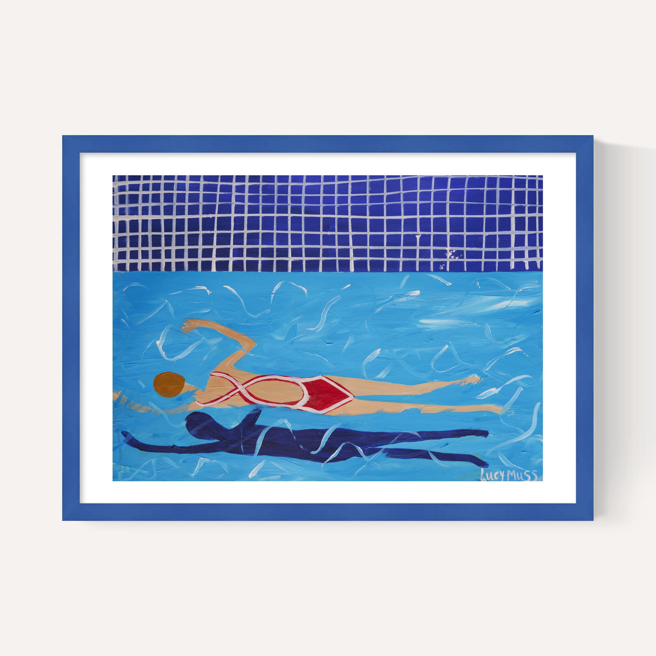 red swimmer art print by the lucy muss in blue frame