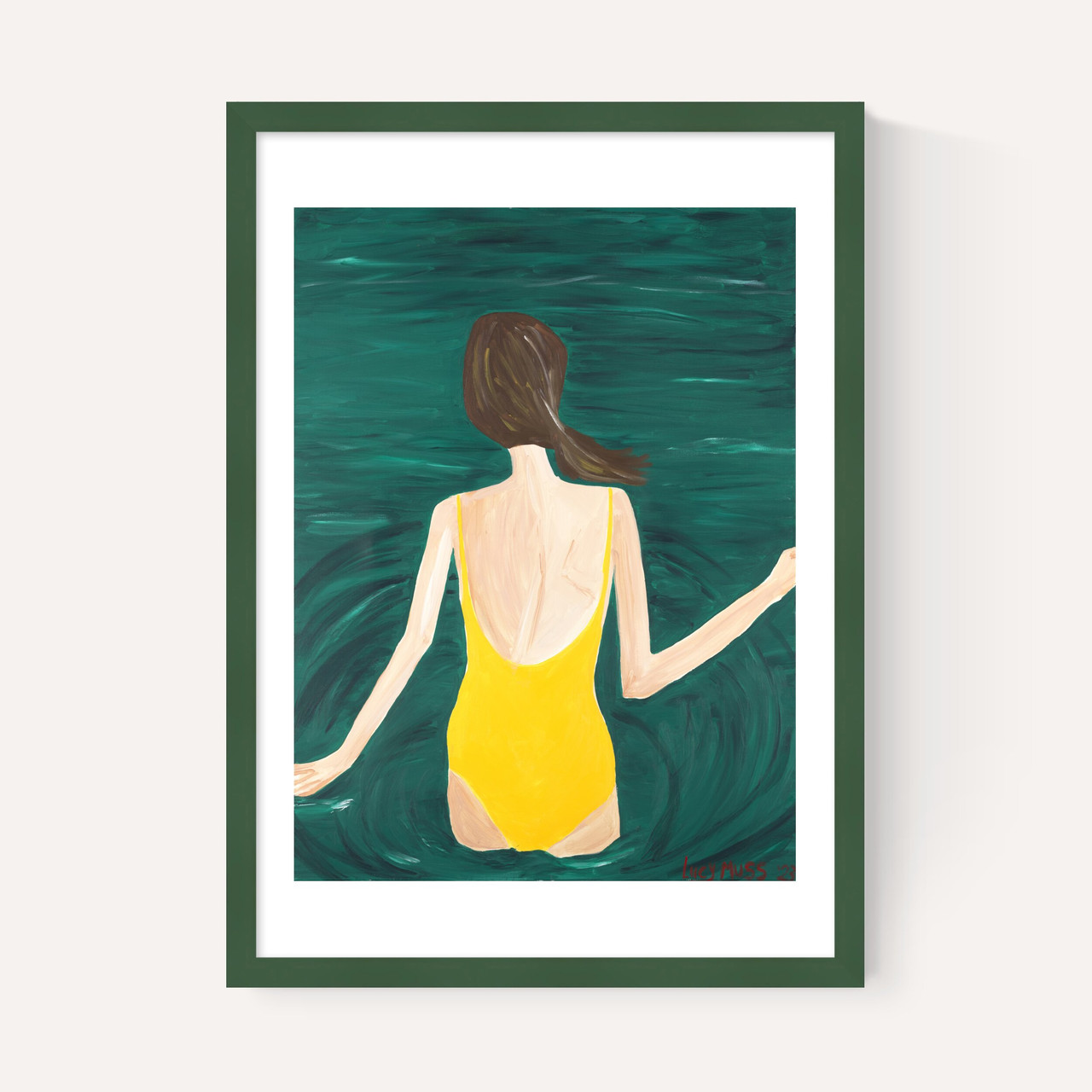 yellow swimmer art print by lucy muss in green frame