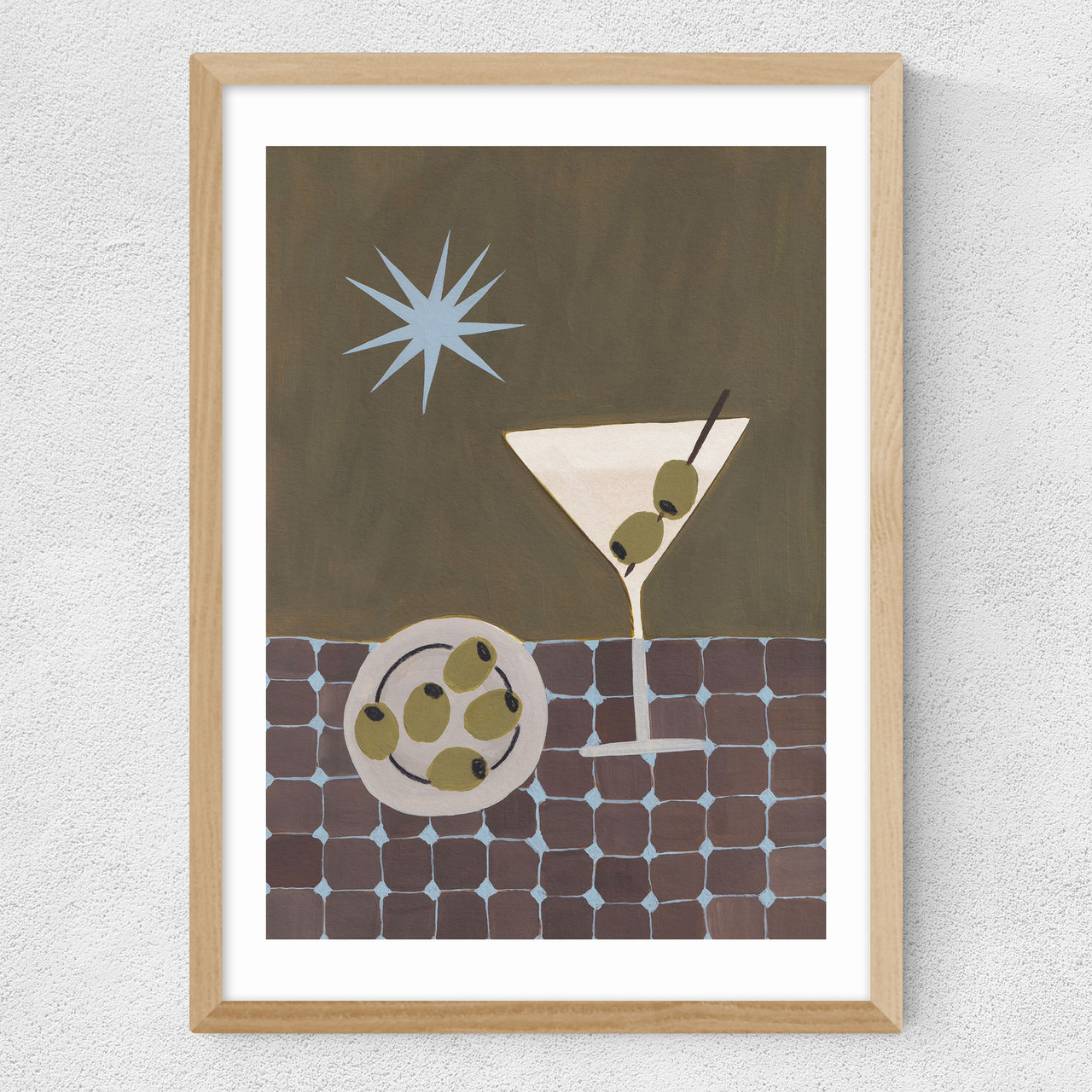 extra dirty martini art print by jazmine joye in oak frame