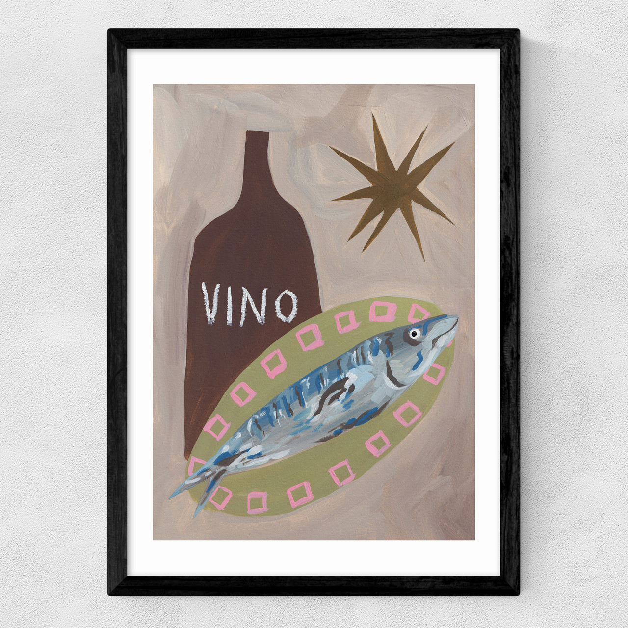 fish supper art print by jazmine joye in black frame