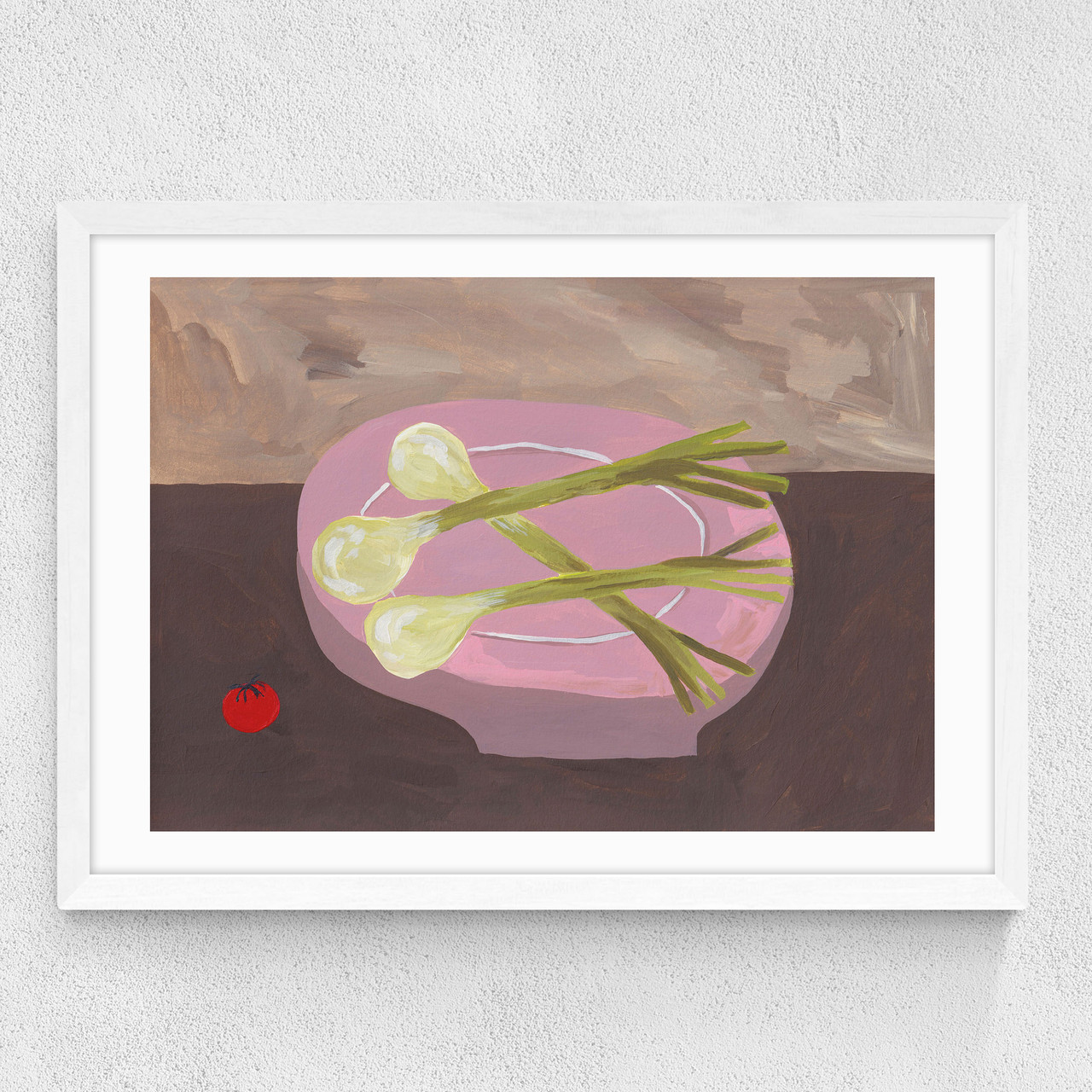 pink bowl of spring onions art print by jazmine joye in white frame