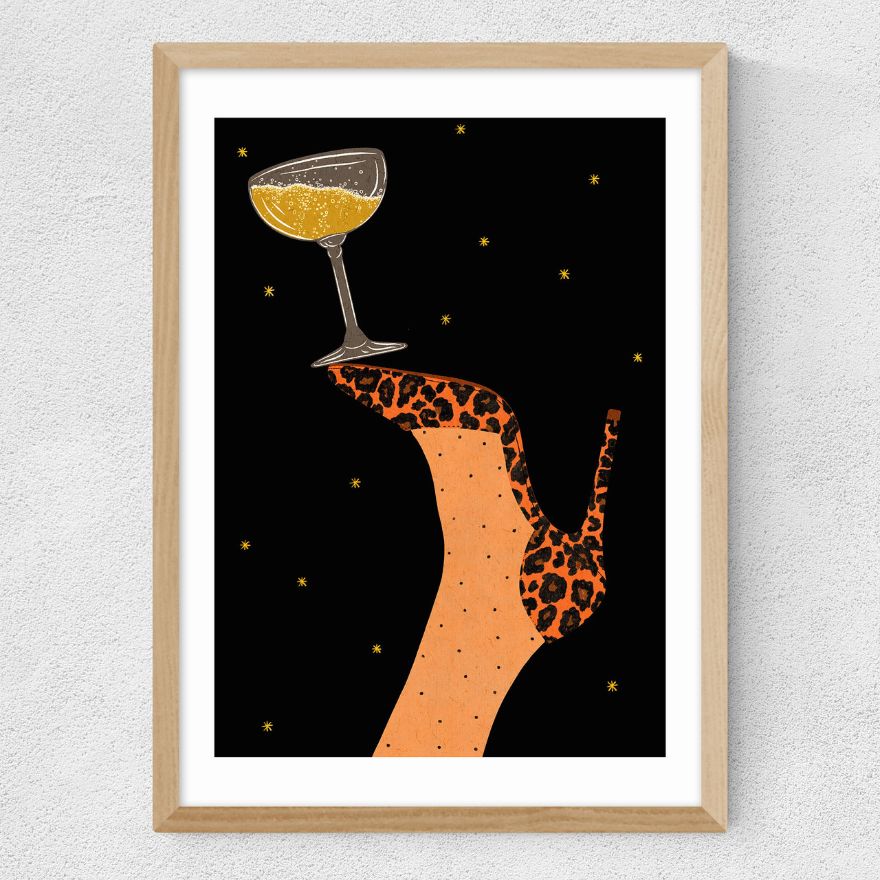 champagne and dancing art print by lemon fee in oak frame