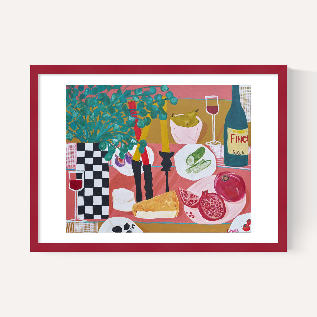 kitchen stories tapas art print by lucy muss in burgundy frame