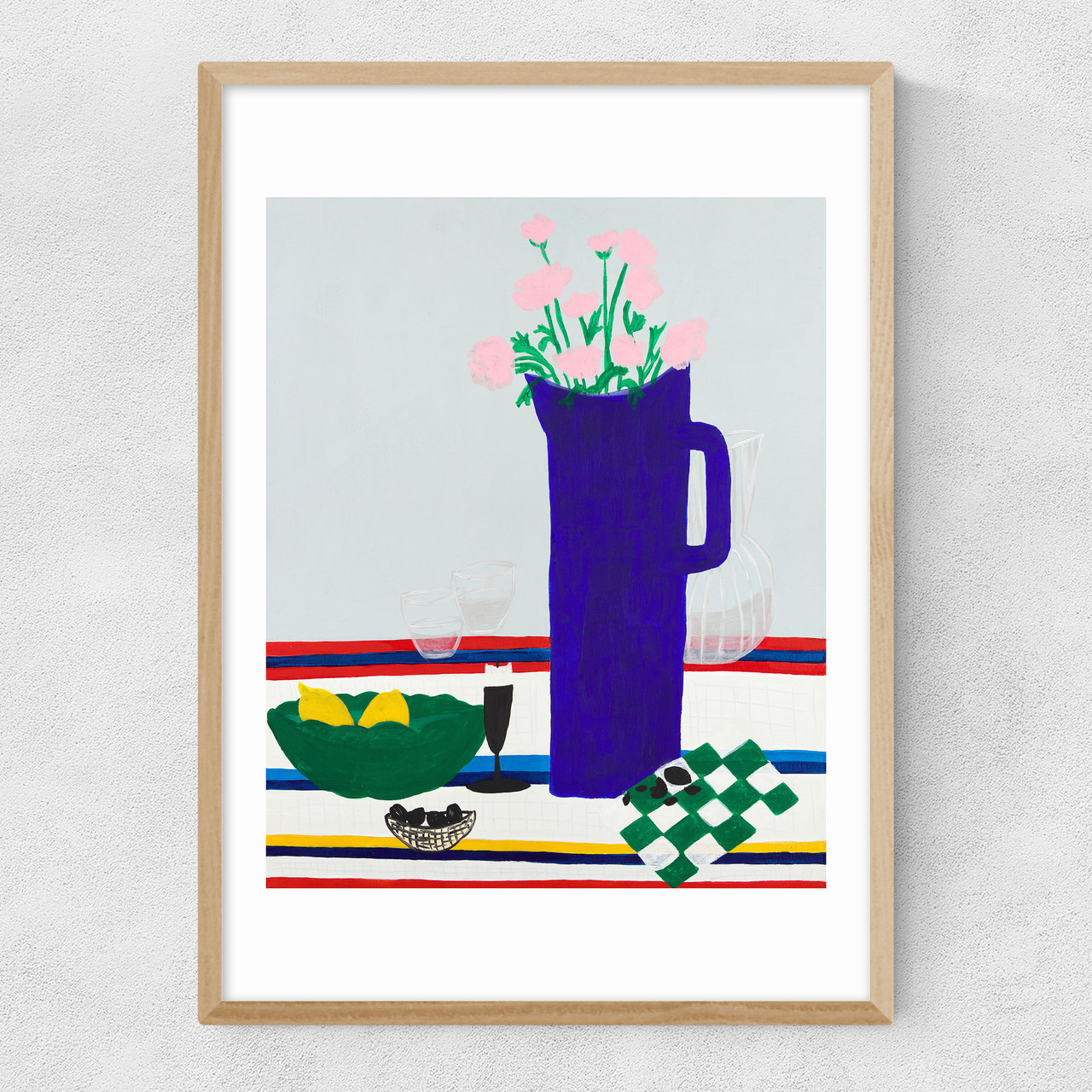 blue vase on table art print by lucy muss in oak frame