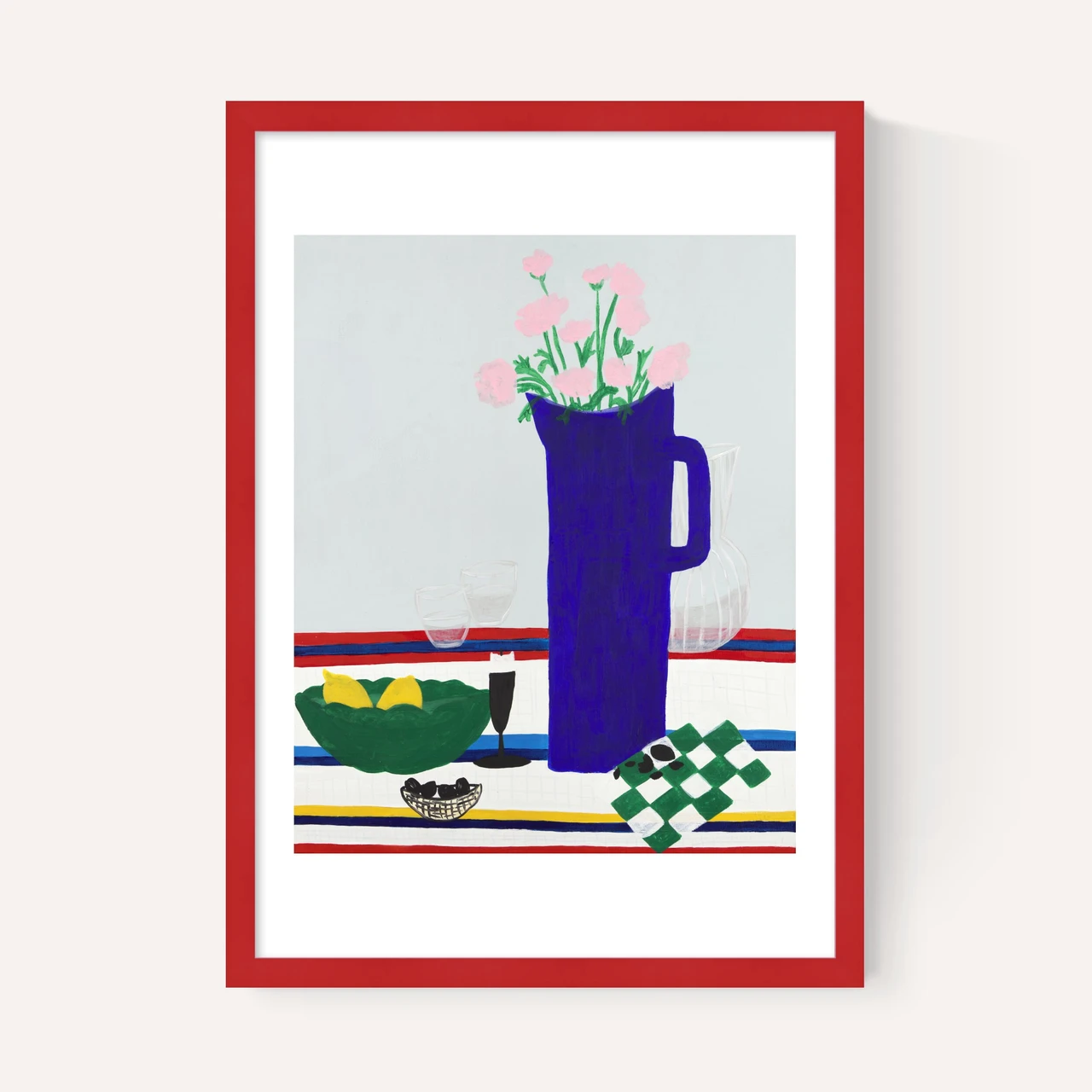 blue vase on table art print by lucy muss in red frame