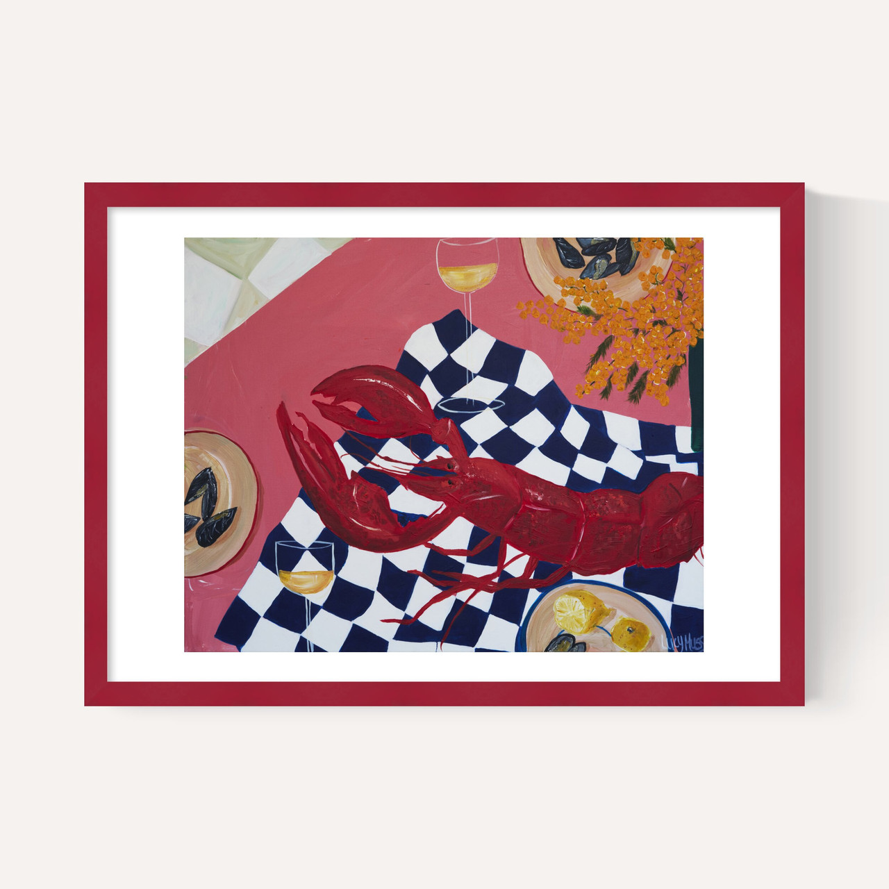 dinner with a sea view art print by lucy muss in burgundy frame