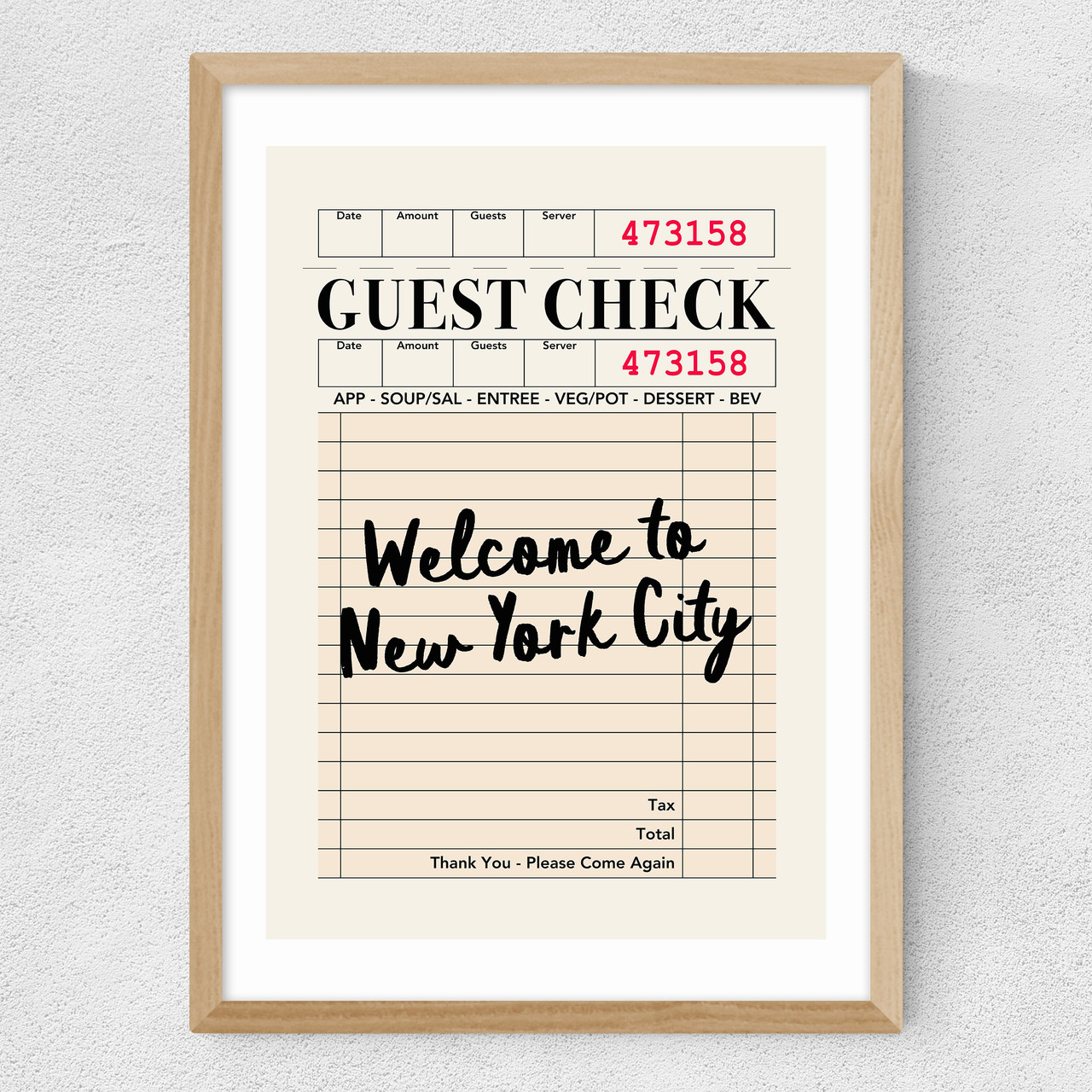 ny guest check art print by luxe poster co in oak frame