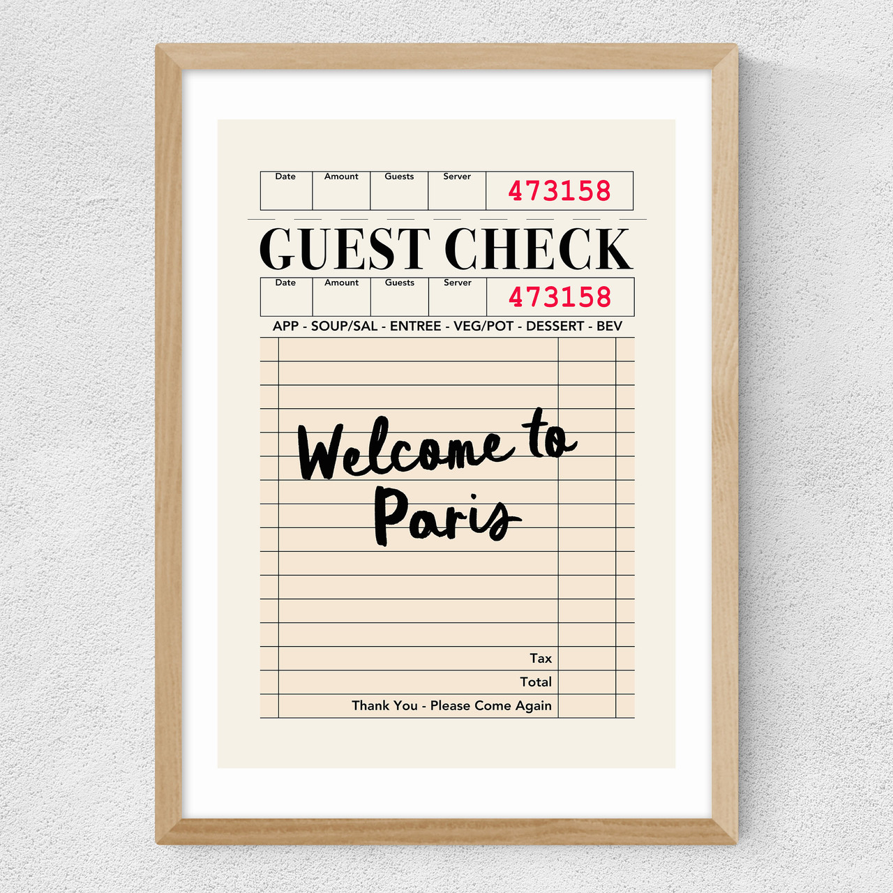 paris guest check art print by luxe poster co in oak frame