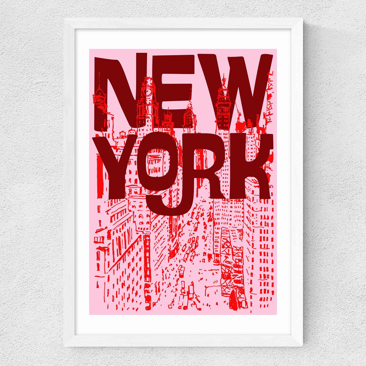 new york city pink art print by luxe poster co in white frame