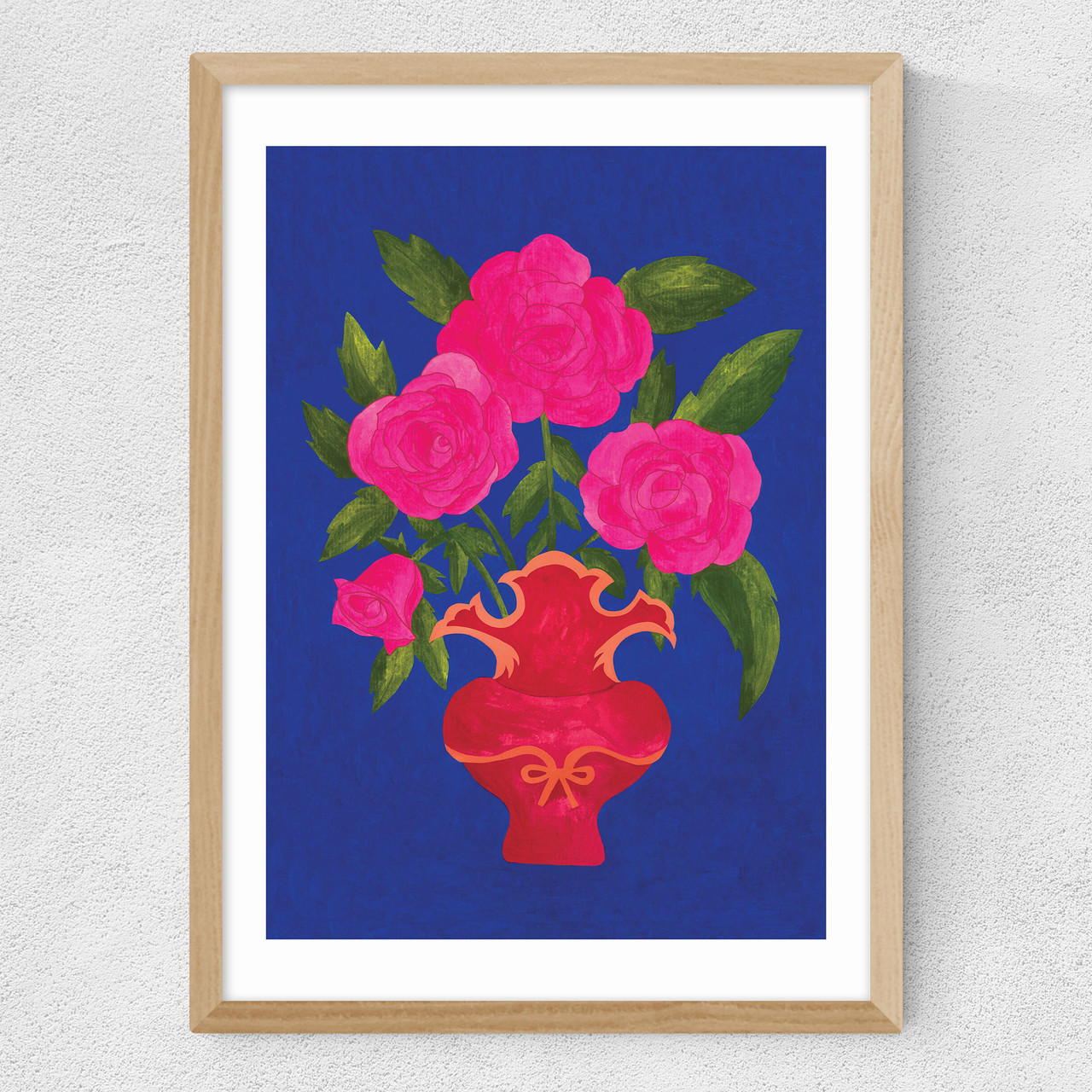 blue floral vase art print by mahin hussain in oak frame
