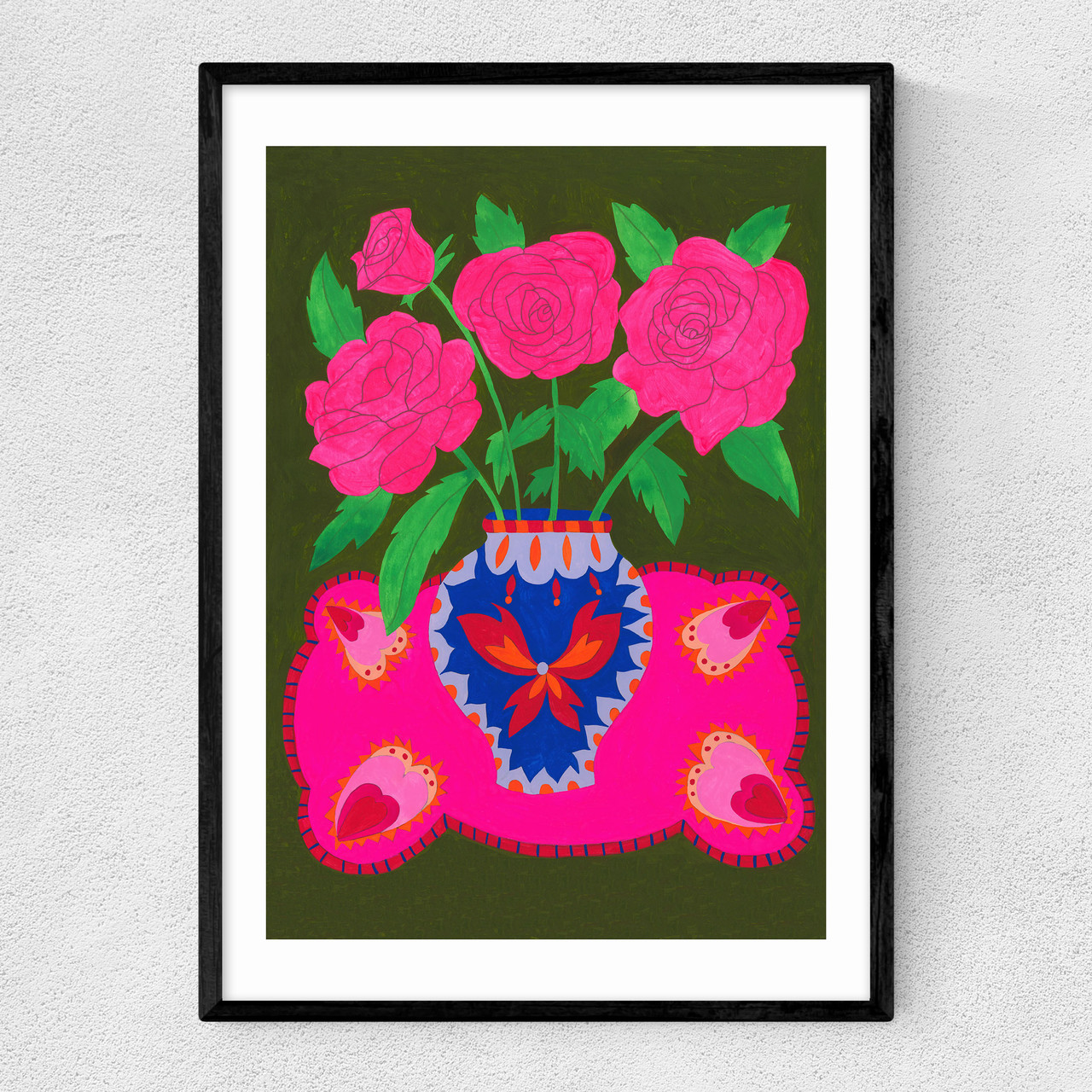 bright pink floral vase art print by mahin hussain in black frame