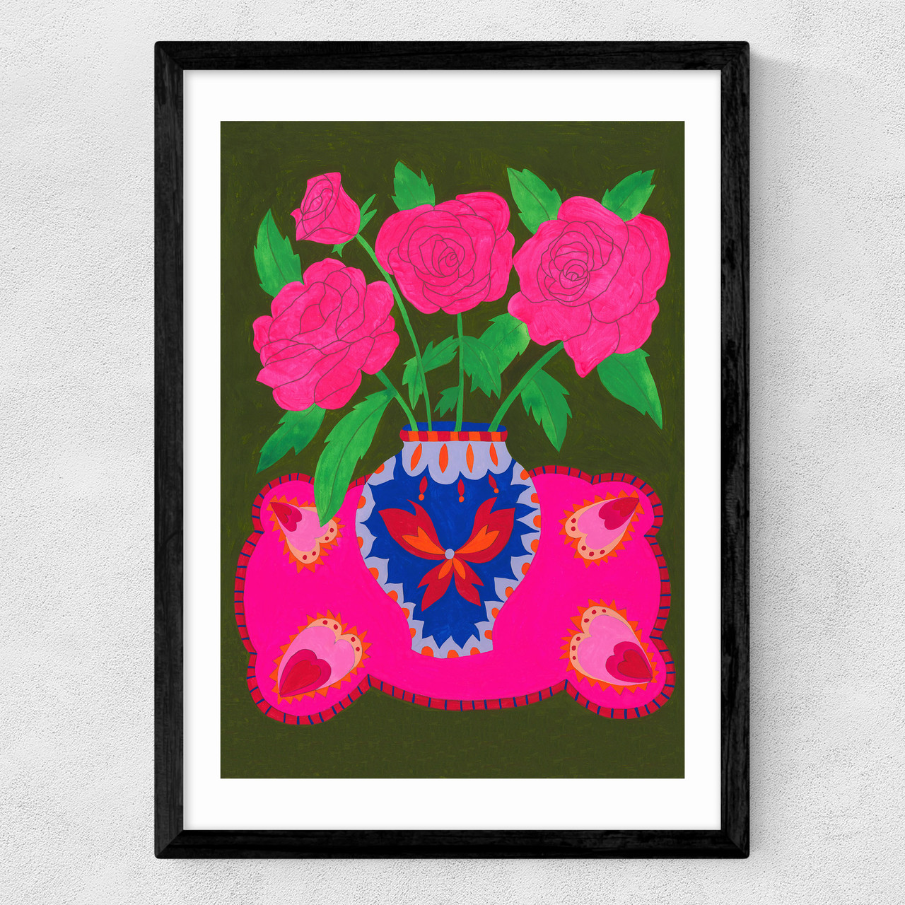bright pink floral vase art print by mahin hussain in black frame