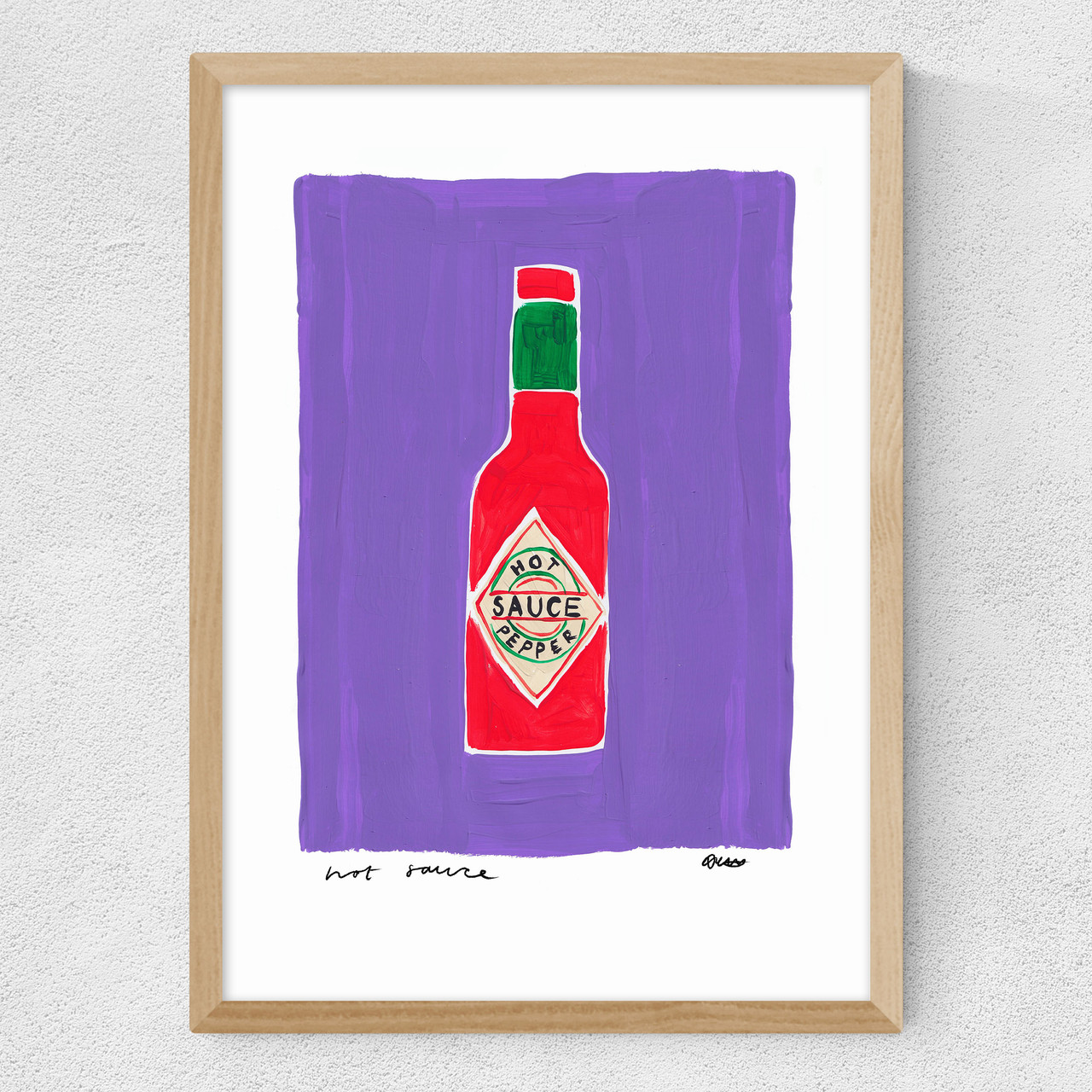 Purple hot sauce art print by natalie cass in oak frame
