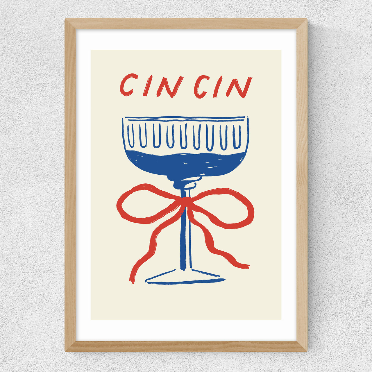 cin cin red bow art print by nice draws in oak frame