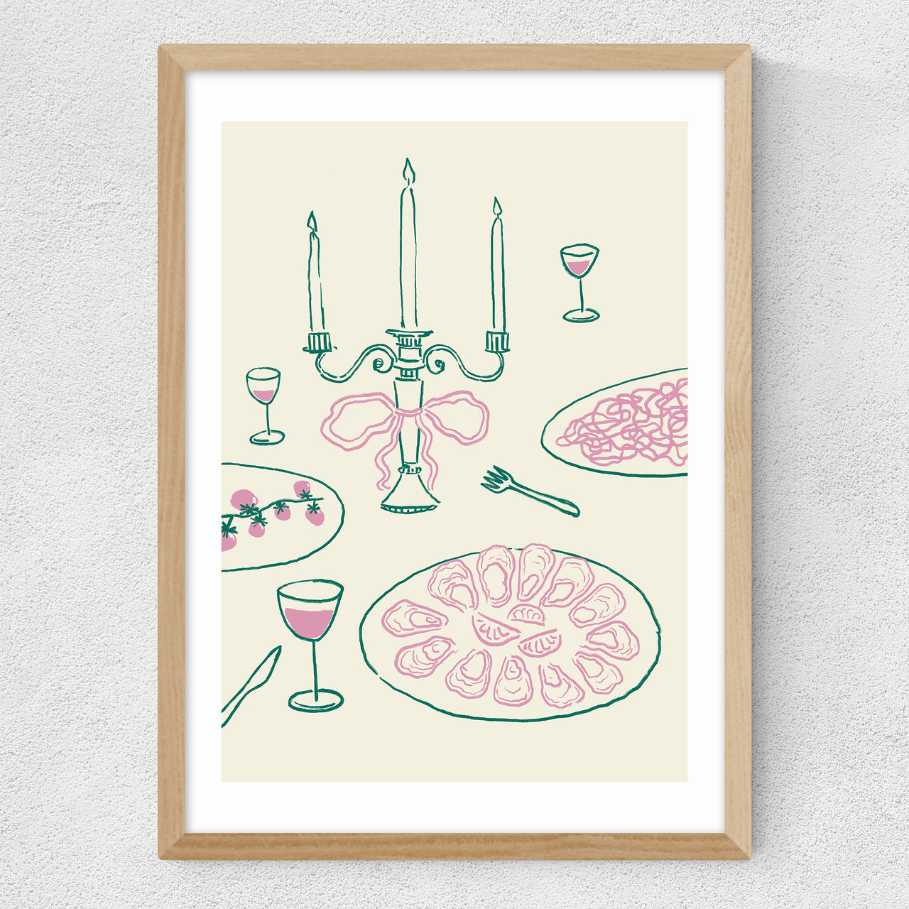 girl dinner art print by nice draws in oak frame