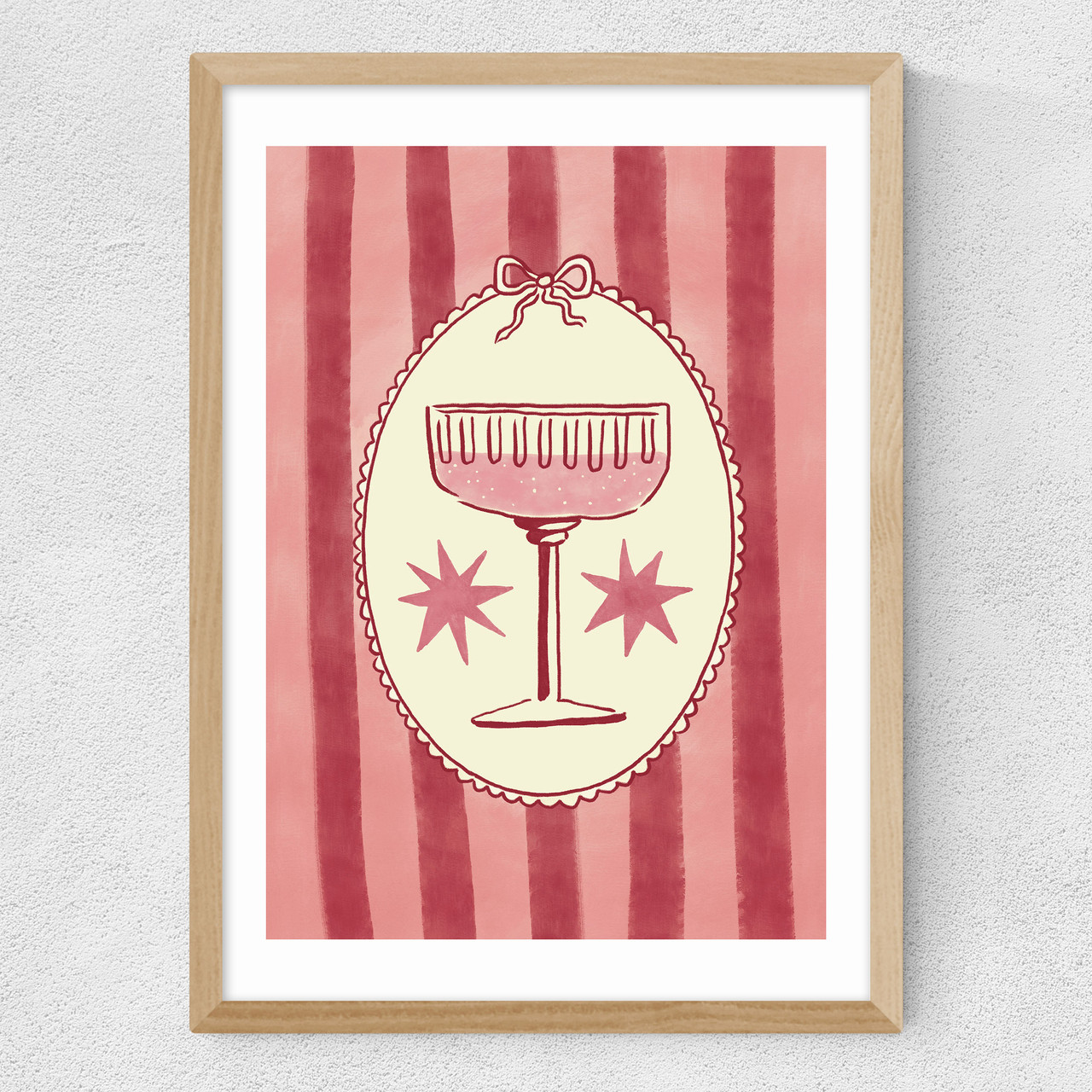 pink champagne art print by nice draws in oak frame