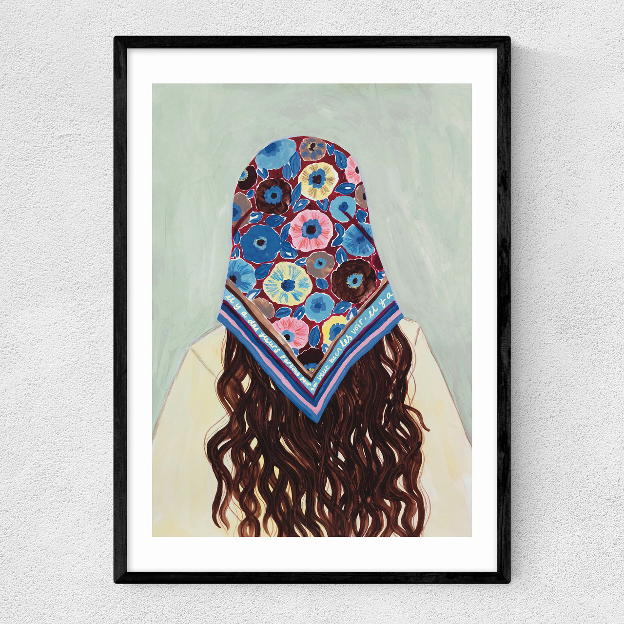 bandana girl art print by she snacks and paints in black frame