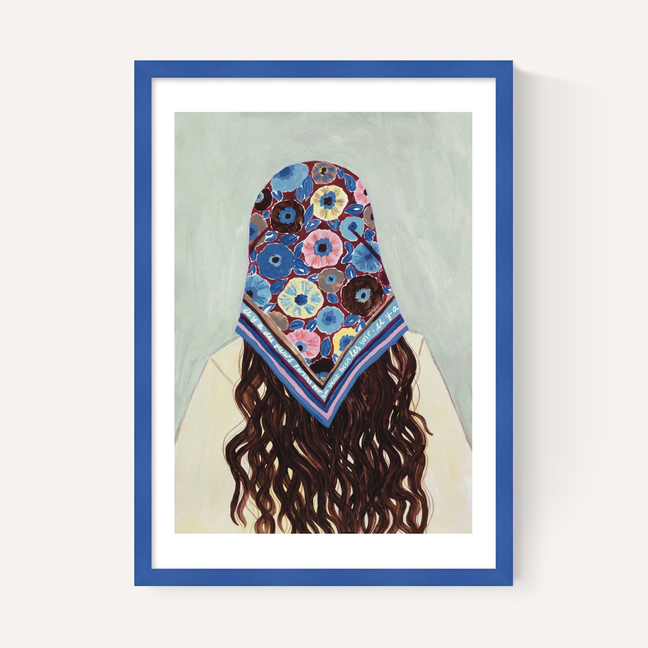 bandana girl art print by she snacks and paints in blue frame