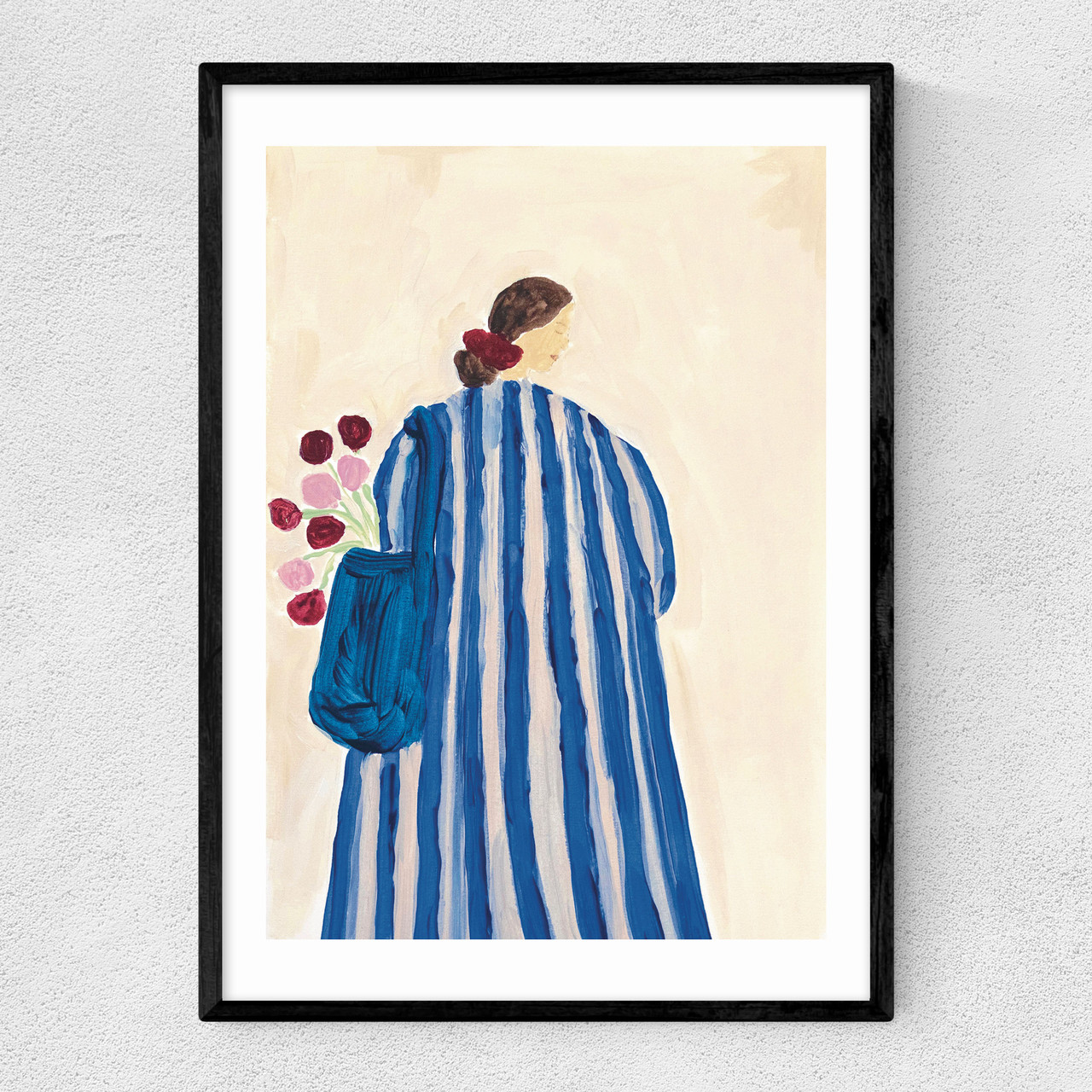 lady with flowers art print by she snacks and paints in black frame
