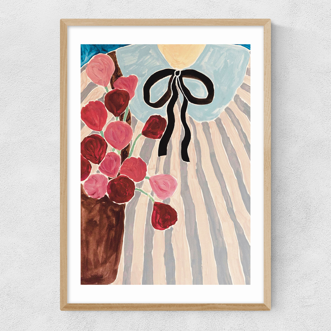 stripes and flowers art print by she snacks and paints in oak frame