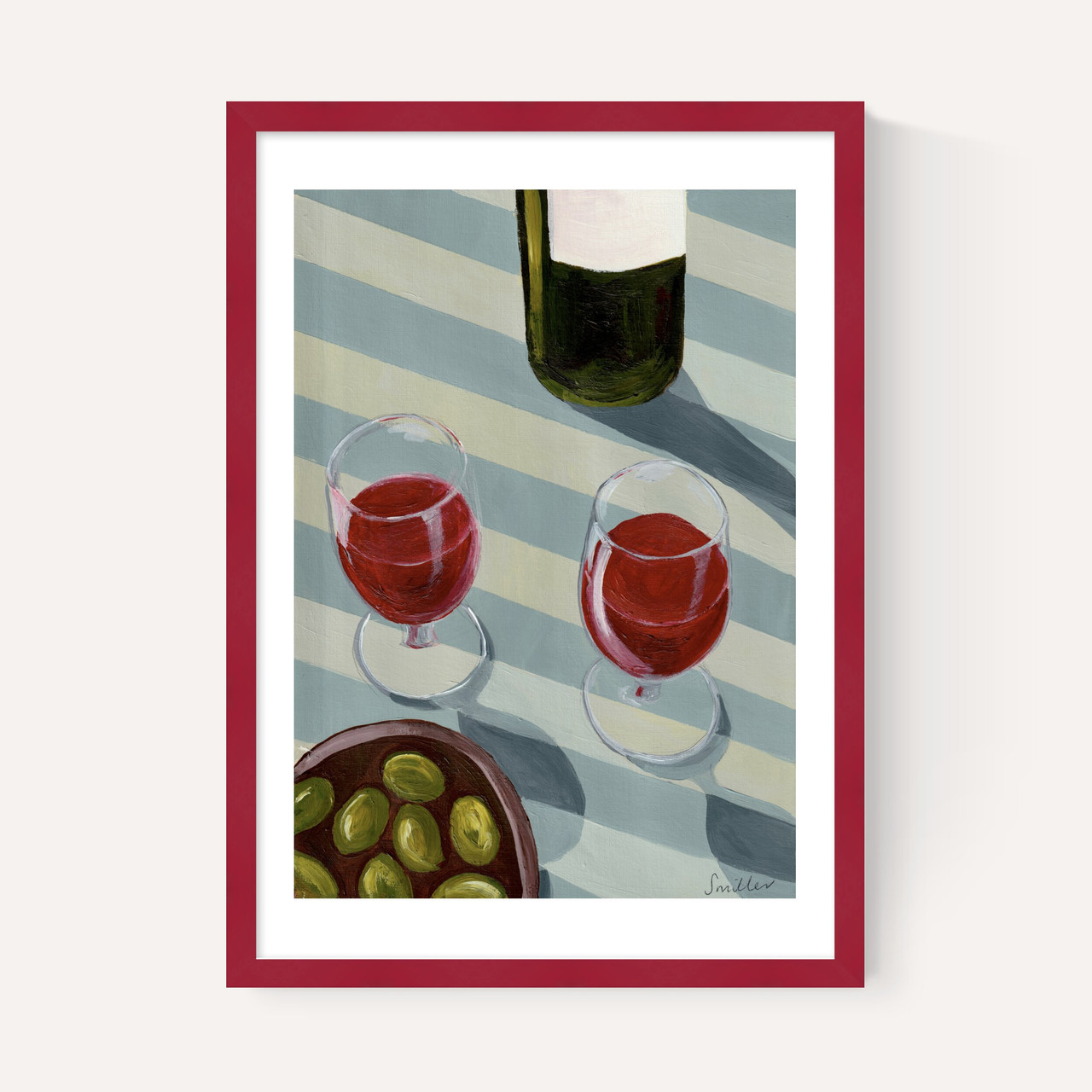 blue wine time art print by susie miller in burgundy frame
