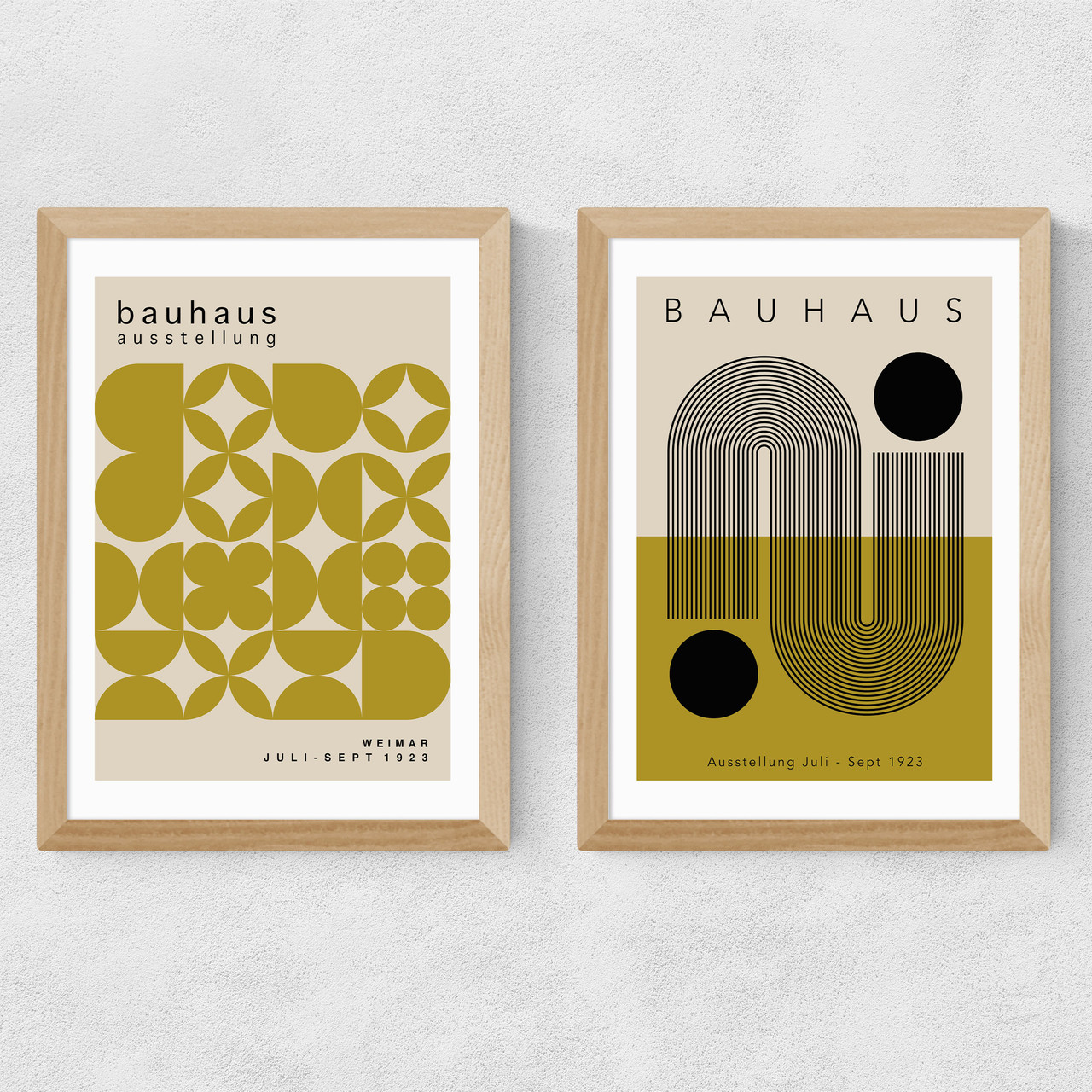 Olive Bauhaus Set by Luxe Poster Co in medium oak frame.