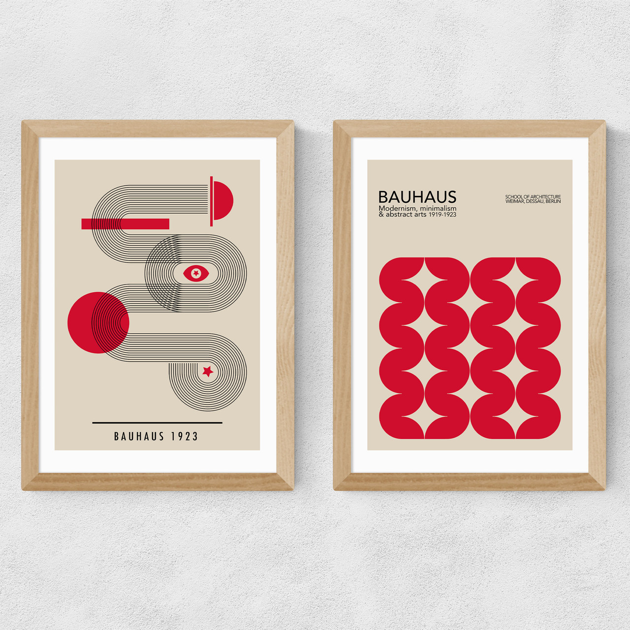 Red Bauhaus Set by Luxe Poster Co in oak frame