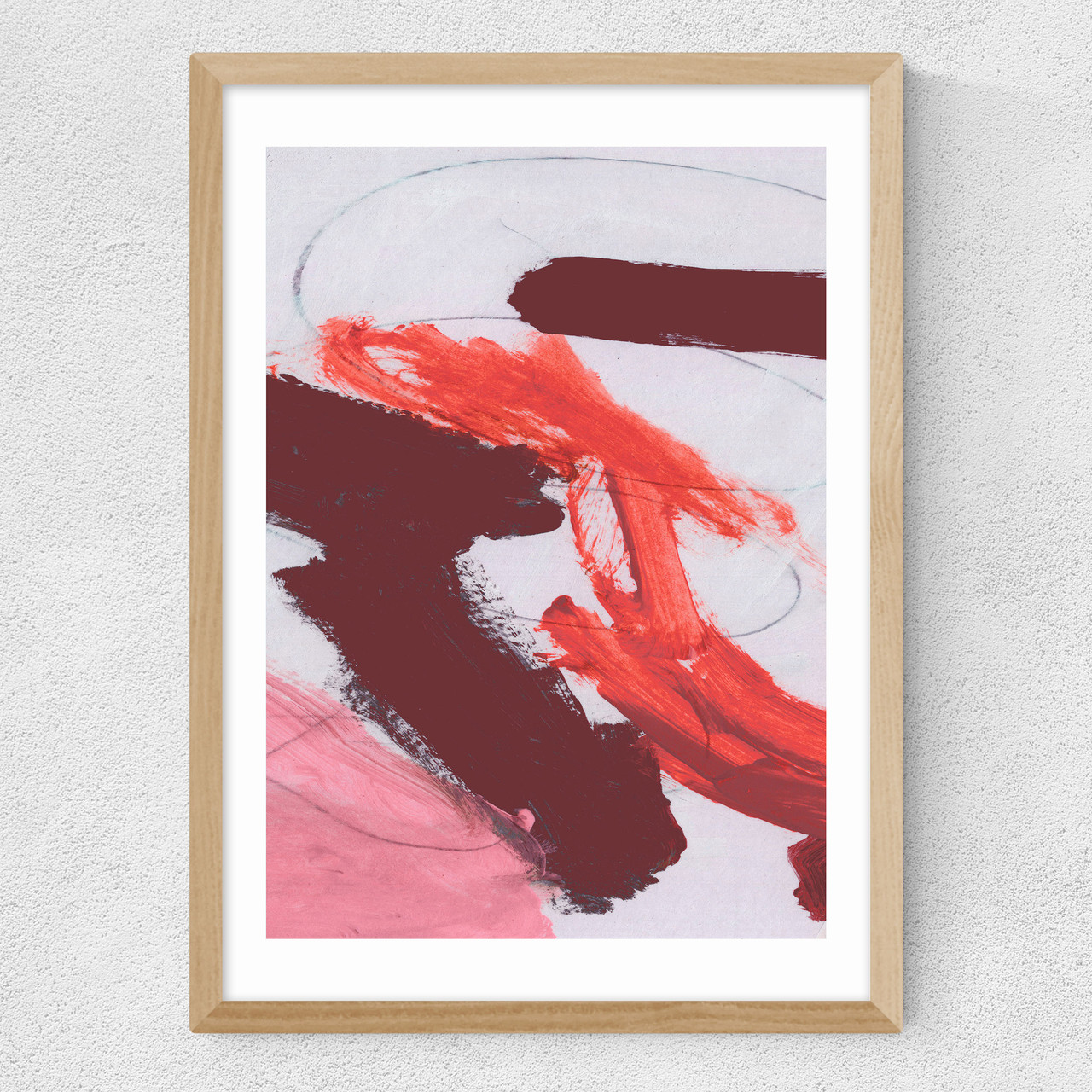 pink brush set 2 art print by dan hobday in oak frame