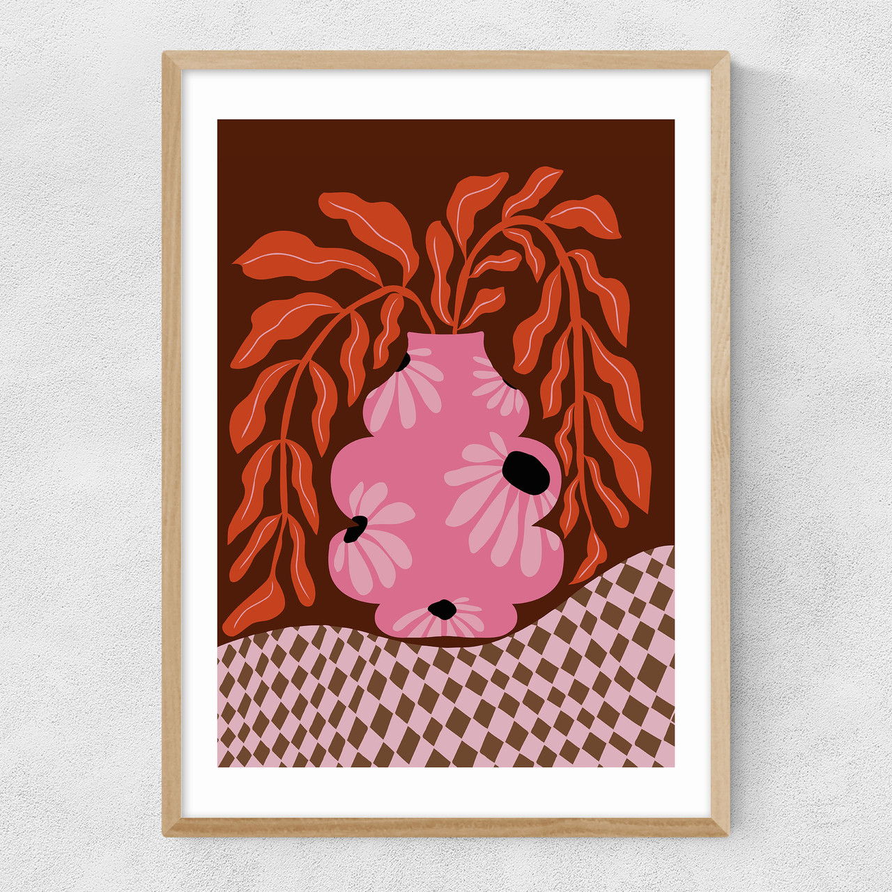 mid-century blooming pot art print by miho art studio in oak frame