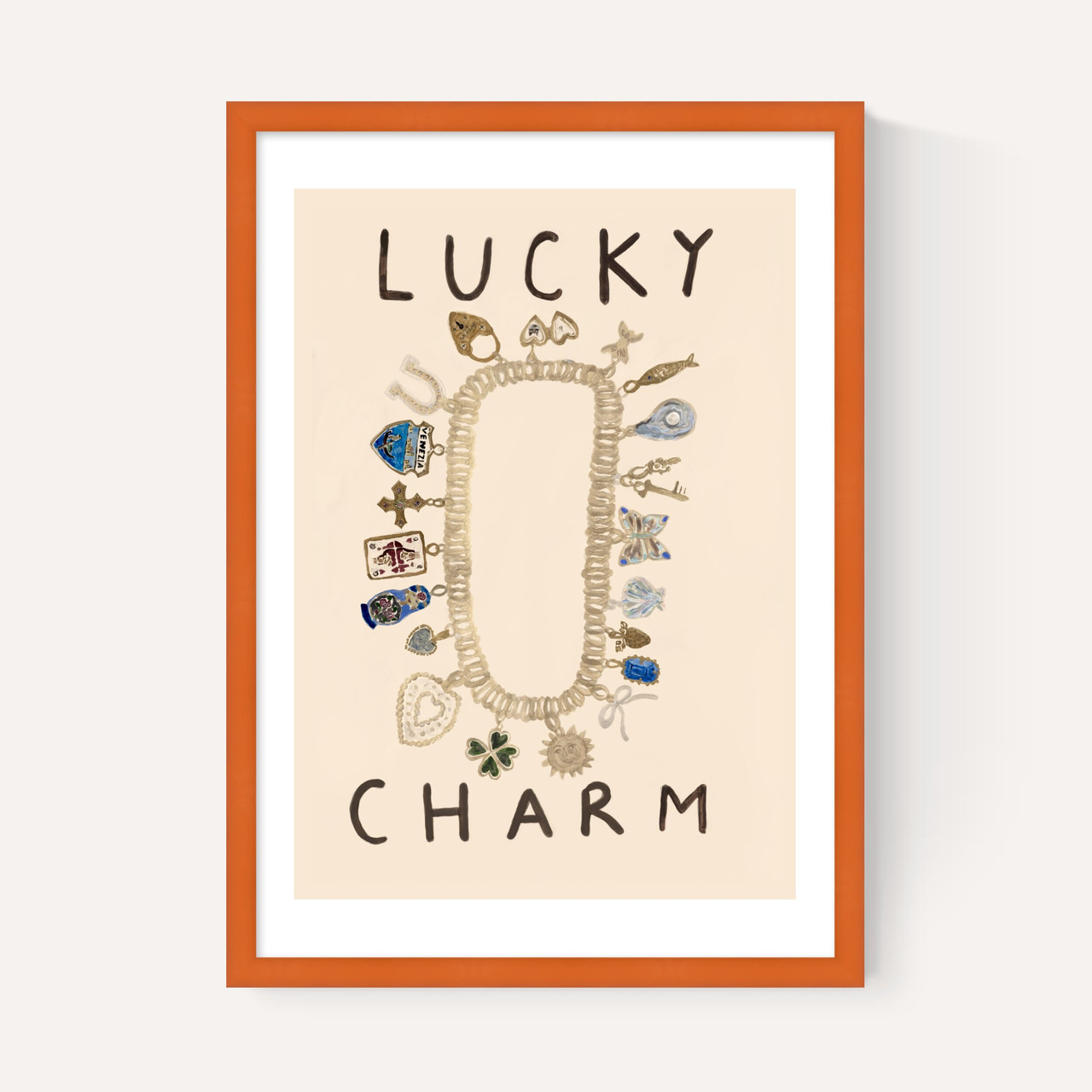 lucky charm art print by she snacks and paints in orange frame