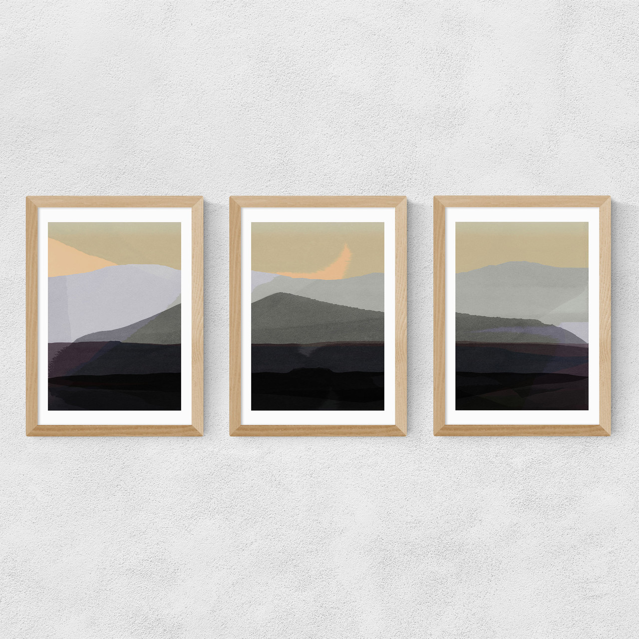 golden hills triptych art print by cartissi in oak frame