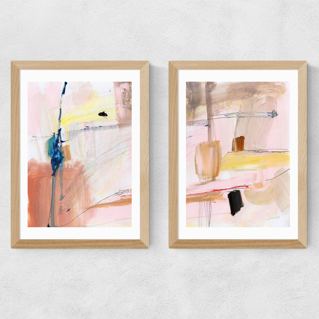 pink escape set art print by dan hobday in oak frame