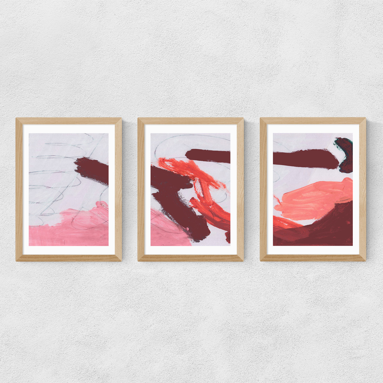 pink brush triptych art print by dan hobday in oak frame