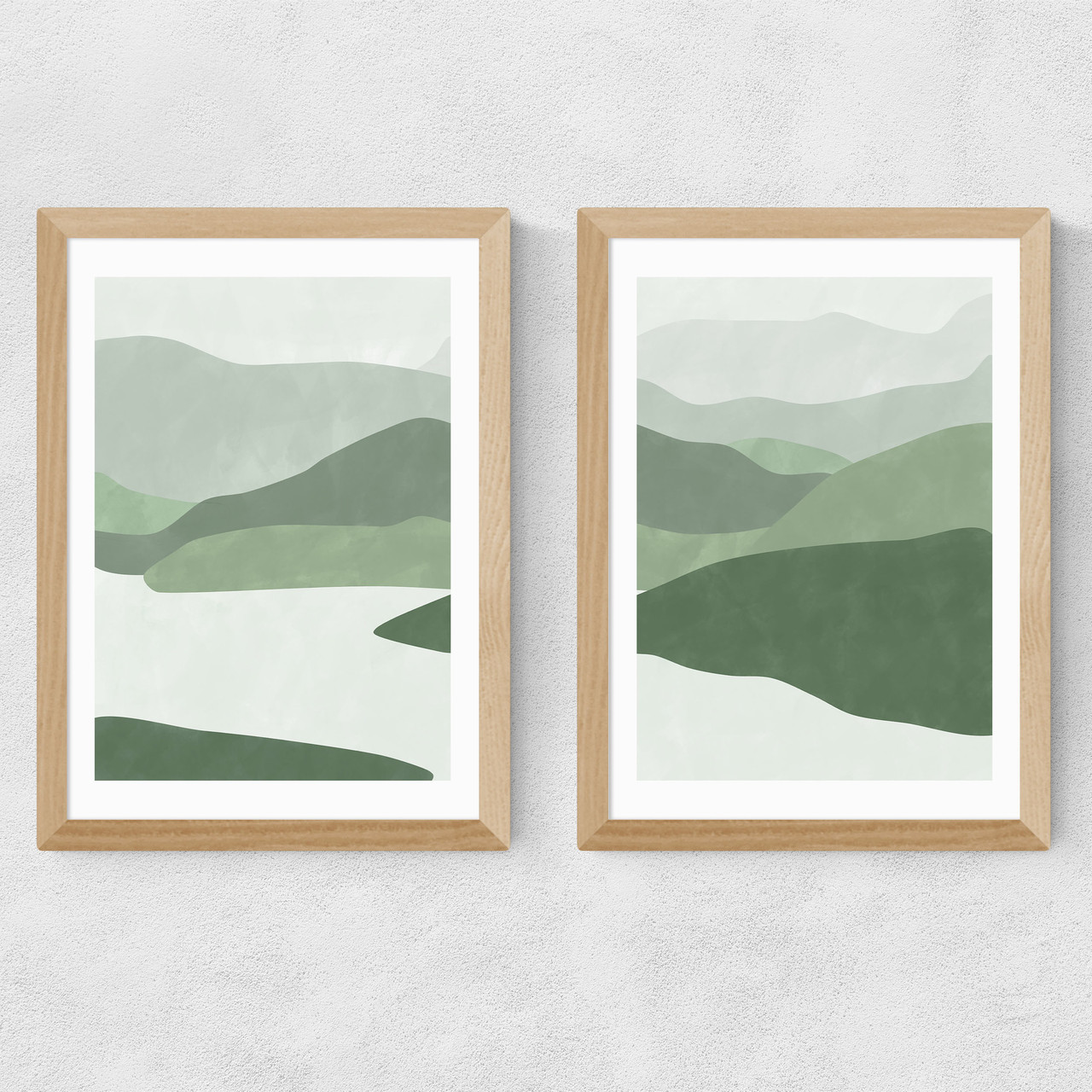 green landscape set art print by the print republic in oak frame