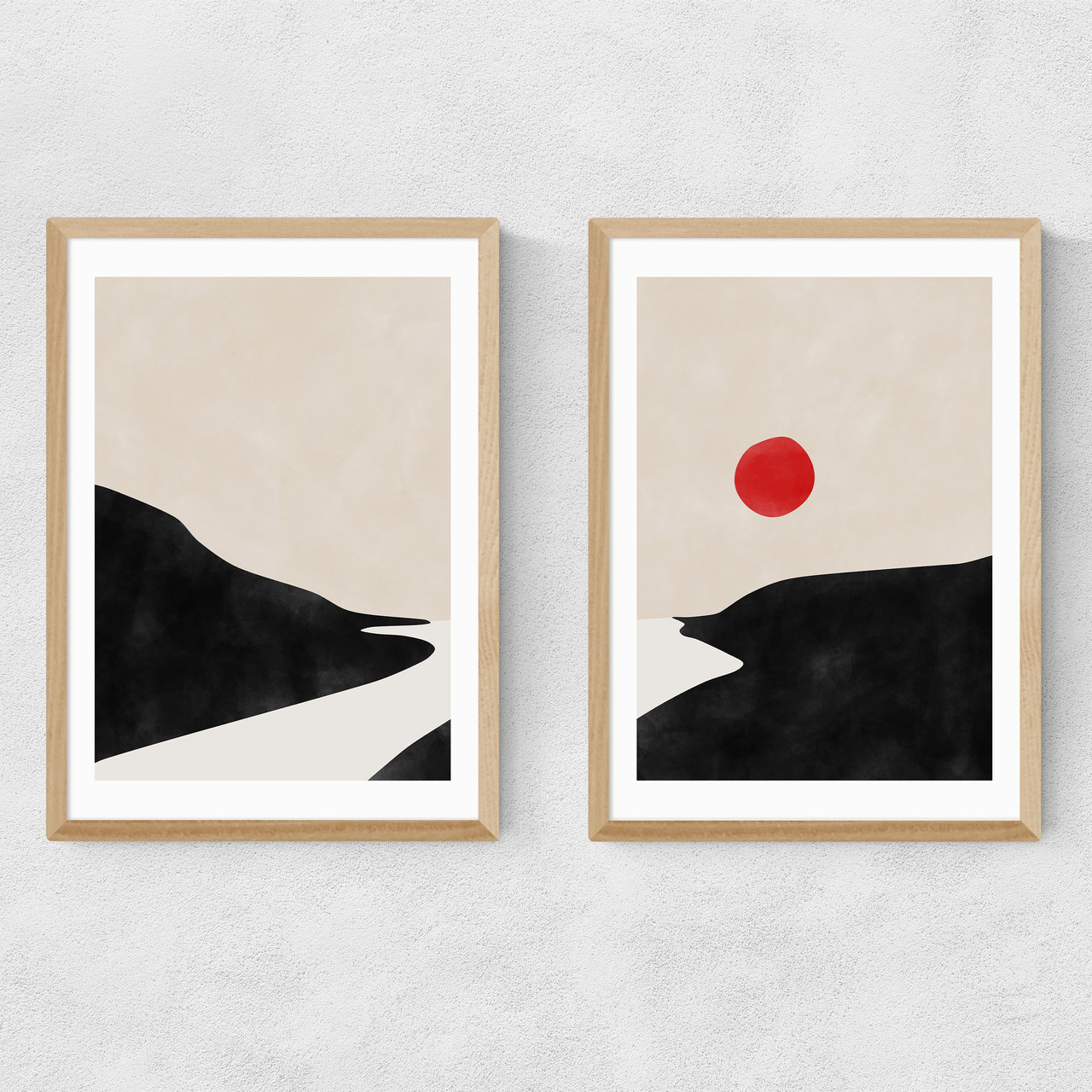 beige and black landscape set art print by the print republic in oak frame