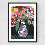 Colourful Floral Collage Still Life With Vase Narrow Black Frame