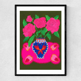 Bright Pink Floral Vase Narrow Black Frame