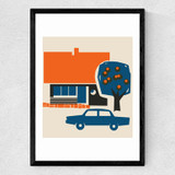 House With Tree and Car Medium Black Frame