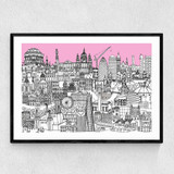 London Jungle Art Print (Pink) Narrow Black Frame
