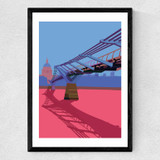 St Paul's and Millennium Bridge (Blue and Pink) Medium Black Frame
