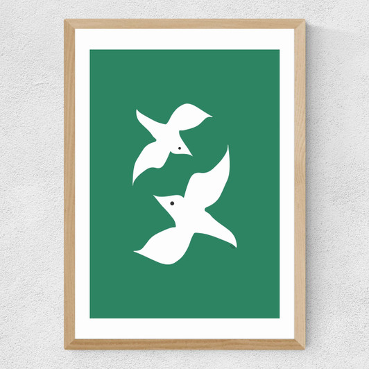 Love Birds In Green Medium Oak Frame