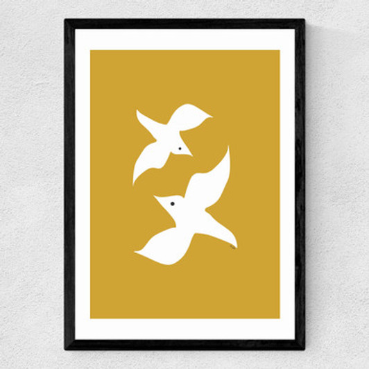 Love Birds In Mustard Medium Black Frame