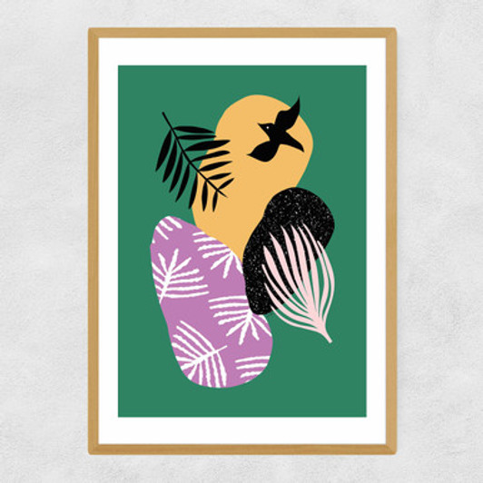 Tropical Bird In Green Narrow Oak Frame